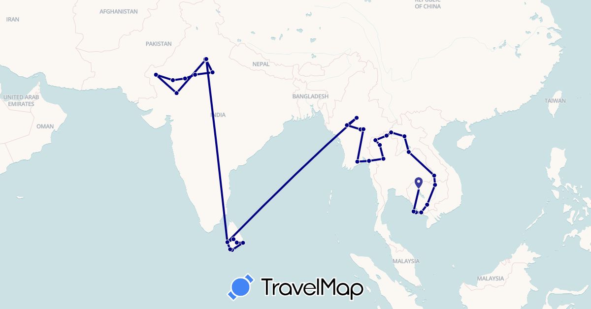 TravelMap itinerary: driving in India, Cambodia, Laos, Sri Lanka, Myanmar (Burma), Thailand (Asia)
